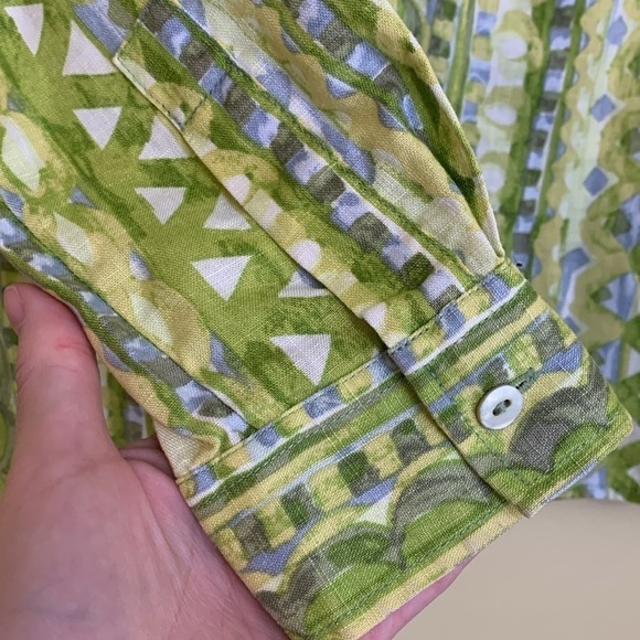 Sigrid Olsen | 100% Linen Green White Mixed Print Button Down Collared Shirt XS - Picture 10 of 17